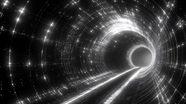 Dark abstract data tunnel with glowing grid lines