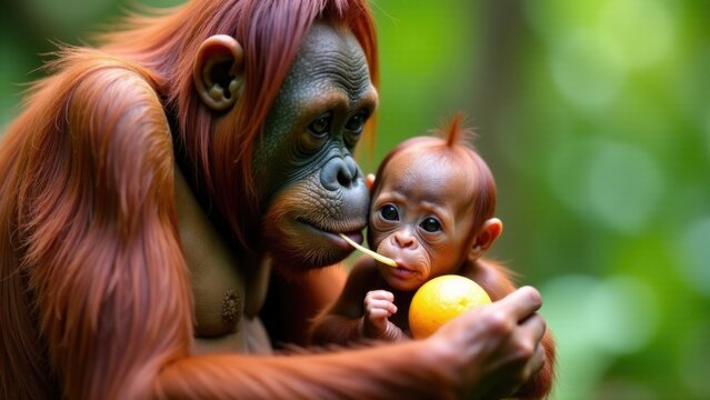Close-up of an orangutan cradling a baby in its arms, a heartwarming moment between two primates