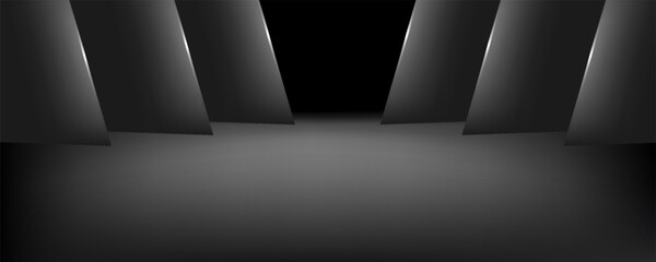 Abstract black geometric modern dark space background. Scene for advertising, showroom, technology, future, modern, sports, gaming, warehouse design. Vector illustration.