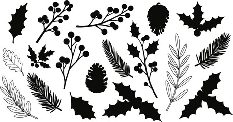 Collection of black silhouette christmas botanical elements including holly pinecones and berries