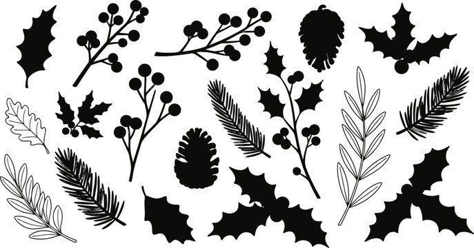 Collection of black silhouette christmas botanical elements including holly pinecones and berries