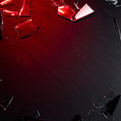 Shattered glass pieces illuminated with red light on dark textured background