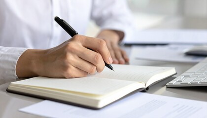 Fototapeta premium A close-up scene of a person’s hand writing in an open notebook on a modern office desk.