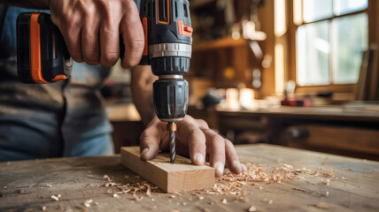 Cordless drill boring hole into wooden plank on rustic workbench