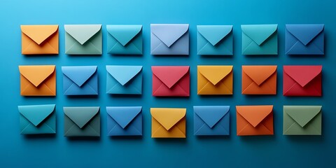 Brightly colored paper envelopes on a vibrant blue background, highlighting digital communication, electronic mail, and the distribution of online information with marketing ideas