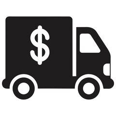 Black silhouette of a delivery truck with a dollar sign isolated on white background silhouette