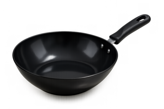 Black non-stick wok pan, a versatile kitchen utensil for cooking, frying, and stir-frying food. Transparent background