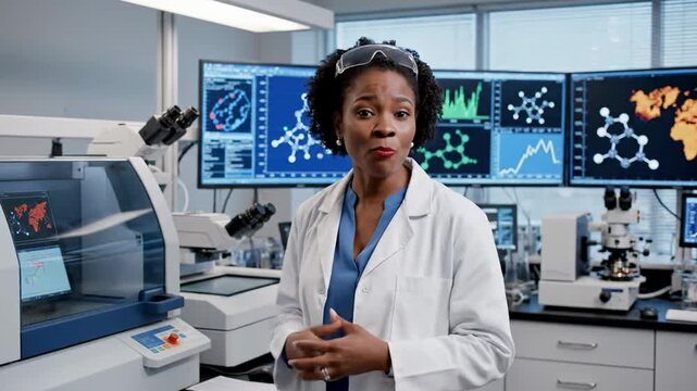 Scientist Explains Research in Modern Laboratory Setting.