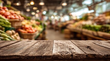 High quality image of empty wooden table with blurred grocery store background for product placement.