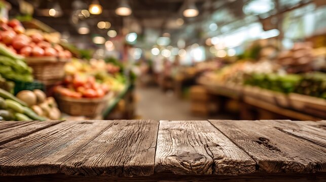 High quality image of empty wooden table with blurred grocery store background for product placement.