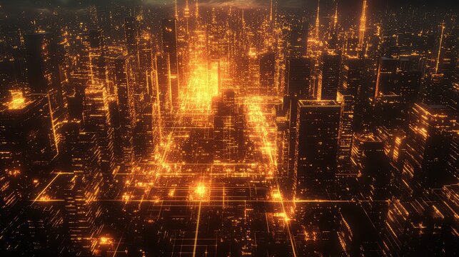 Digital city network glowing with data lines at night