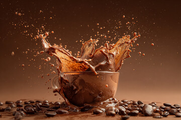 A dynamic splash of rich brown liquid erupts from a clear cup surrounded by coffee beans creating an energetic scene