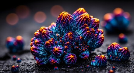 Naklejka premium A stunning macro view of an iridescent mineral specimen, featuring a vibrant cluster of rainbow-colored metallic crystals on a dark surface