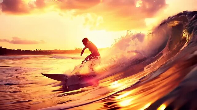 A surfer is captured in a dynamic pose as they ride a wave during sunset. The sky is painted in hues of orange, yellow, and purple, reflecting off the waters surface.