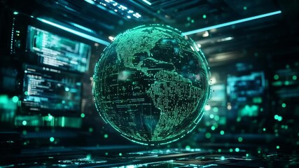 futuristic digital globe with data streams and a high-tech interface - Powered by Adobe