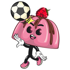 cute pink jelly dessert mascot cartoon vector food illustration, adorable raspberry pudding character with Chocolate Topping heading a soccer or football, work of hand drawn