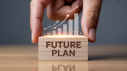 Light wooden block engraved 'FUTURE PLAN', held by fingers, with glowing holographic financial charts, ascending arrows, bar graphs, professional background, sharp focus, business growth concept.