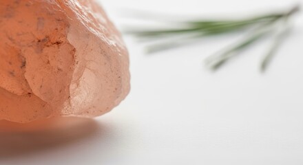 Pink Himalayan salt with green herb on a white background