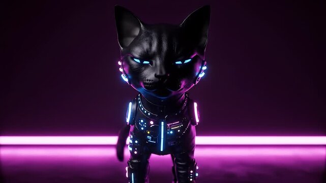 Mysterious hooded cat in futuristic battle suit with neon lighting
