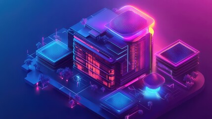 Futuristic server building connecting with digital network hub