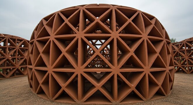 Terracotta lattice dome structures provide a unique architectural detail against an overcast sky