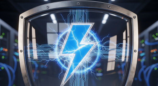 Digital shield with a bright blue lightning bolt symbol, representing cybersecurity, data protection, and network security