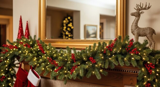 Elegant christmas mantelpiece decoration with garland, lights, stockings, and reindeer figurine - Powered by Adobe