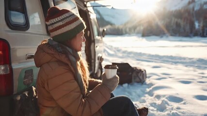 A woman in winter attire sits inside a van on a snowy road, holding a cup of coffee. The sun casts a warm, golden hue over the scene.