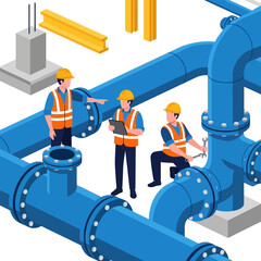 Isometric Illustration of Construction Workers Inspecting and Maintaining Water Pipes on a Blue Background