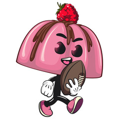 cute pink jelly dessert mascot cartoon vector food illustration, adorable raspberry pudding character with Chocolate Topping playing rugby, american football, work of hand drawn