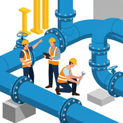 Isometric view of an industrial maintenance team diligently working on a large blue pipeline system, performing inspections and repairs on vital infrastructure