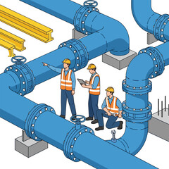 Industrial plumbing system with workers inspecting pipes and infrastructure