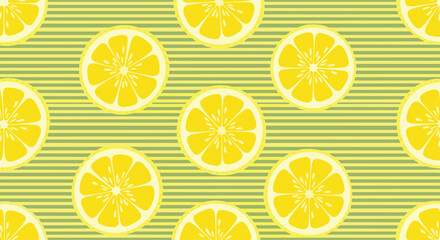 A vibrant and refreshing seamless pattern featuring bright yellow lemon slices on a textured green striped background.