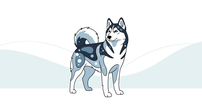 A majestic husky dog stands proudly in a serene snowy landscape.