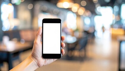 Fototapeta premium Smartphone Mockup | Sleek Black Phone with White Blank Screen in Modern Cafe with Bokeh Background.