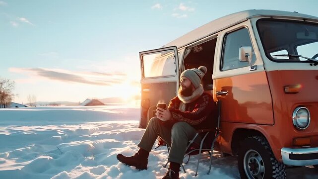 A man sits inside a van during sunset in a snowy landscape. The vans interior is open, revealing a cup of coffee inside. The man is dressed in winter attire, including a scarf and beanie.