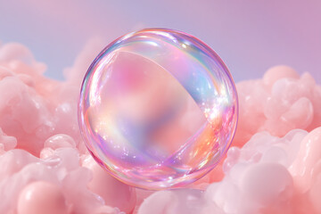 A mesmerizing iridescent orb floats gracefully amidst a sea of soft pastel pink abstract shapes under a gentle gradient sky revealing a captivating blend of light and color