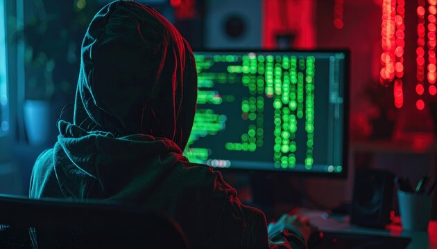 Anonymous Hacker at Computer | Dark Moody Cybersecurity Concept with Code Reflections