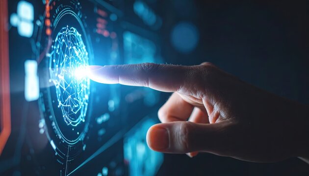 Human Finger Touching Holographic AI Brain | Futuristic Human-AI Collaboration Concept.