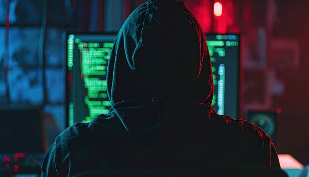Anonymous Hacker at Computer | Dark Moody Cybersecurity Concept with Code Reflections - Powered by Adobe