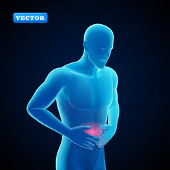 Blue man having stomach ache, 3D vector. Suitable for medical and health purposes