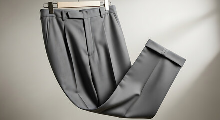 A pair of gray dress pants hangs on a wooden hanger, neatly folded and creased, showcasing professional attire and formal wear