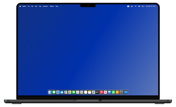 MacBook Pro M5 Pro vector design featuring macOS 26 screen with modern desktop UI elements and clean interface layout.