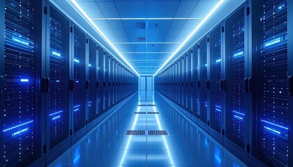 Fototapeta premium Modern Data Center Hallway | Symmetrical Server Rack Infrastructure with Blue LED Lighting.