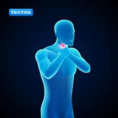 Blue man with sore throat, 3D vector. Suitable for medical and health purposes