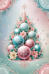 christmas background and scenery with decorated tree in pastel coloring and in vintage retro style 
