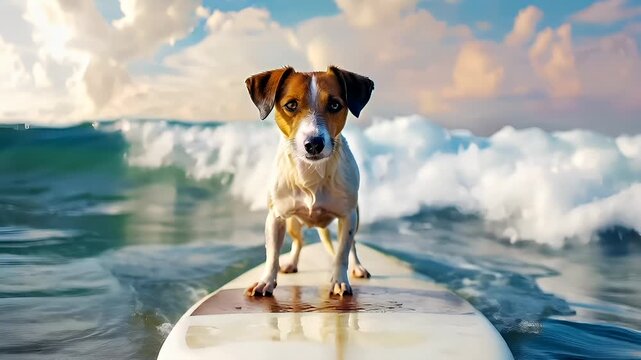 A vivid, highresolution digital artwork of a dog surfing on a wave. The dog is captured in a dynamic pose, standing on a surfboard.