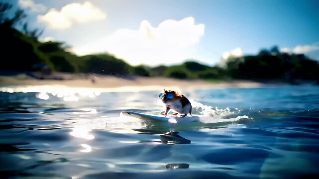 A vivid, actionpacked scene featuring a mouse surfing on a wave. The mouse is depicted in a dynamic pose, with its body leaning forward and its tail trailing behind, suggesting motion.