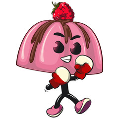 cute pink jelly dessert mascot cartoon vector food illustration, adorable raspberry pudding character with Chocolate Topping practicing boxing wearing boxing glove, work of hand drawn