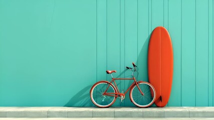 A vibrant red bicycle leaning against a turquoise wall with a surfboard leaning against it. The scene is set on a concrete ledge, and the surfboard is positioned to the right of the frame.